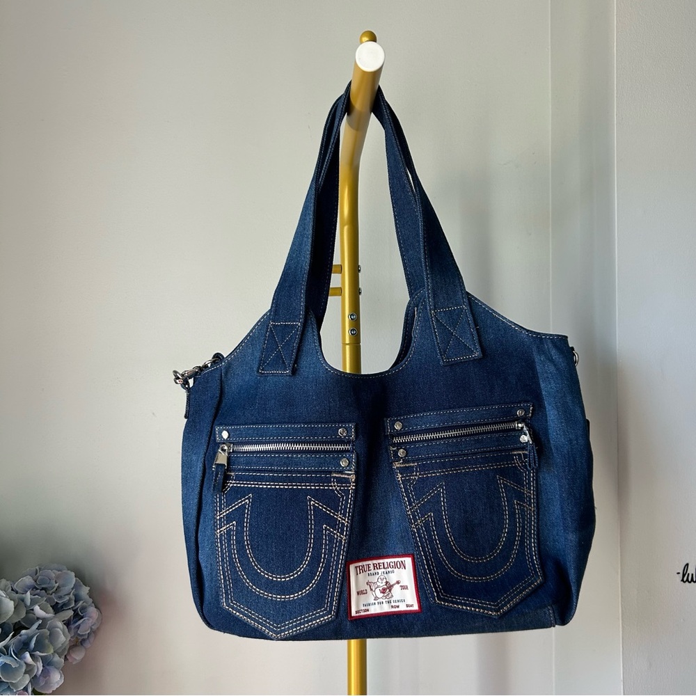 True Religion Horseshoe Stitch dark wash Denim Satchel crossbody NEW